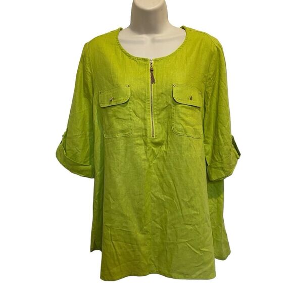 Emily Daniels Linen Blend Green 1/4 Zip Popover Tunic Top Blouse Sz L NWT - Picture 2 of 13